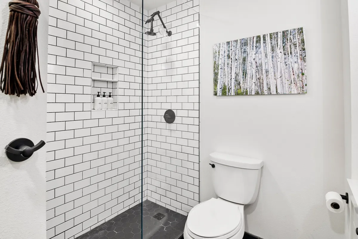 A modern bathroom featuring a glass shower enclosure with sleek black fixtures, a white toilet, and birch tree artwork on the wall. The space is bright and clean, evoking a spa-like sense of tranquility.